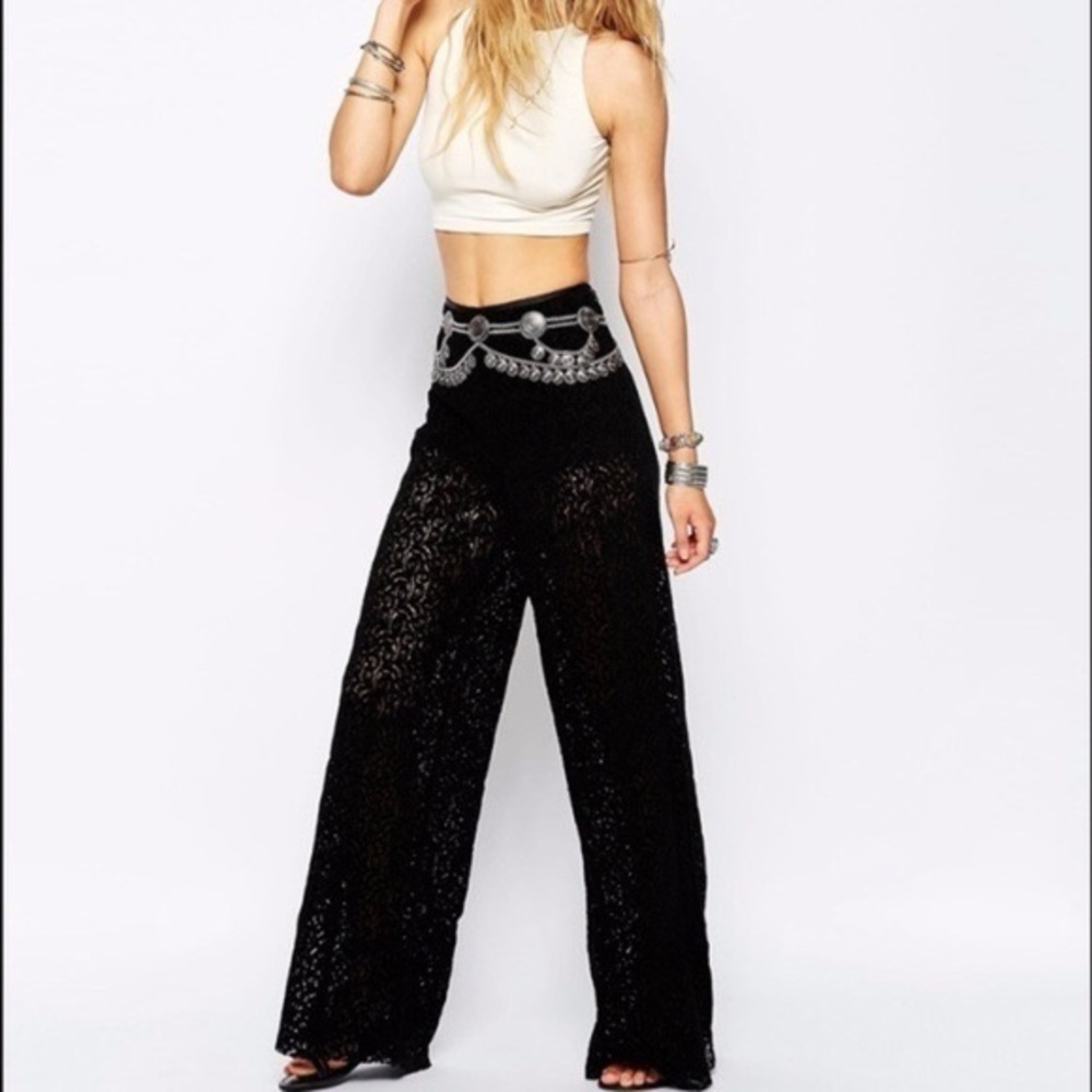Free People NWT Briana Velvet Lace Wide Leg Flare Pants Women’s 6 Black Lined